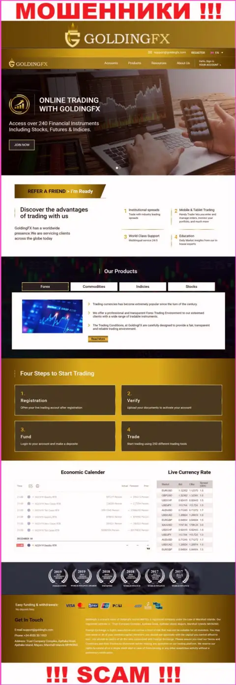 Официальный веб-ресурс мошенников Golding FX, переполненный информацией для лохов