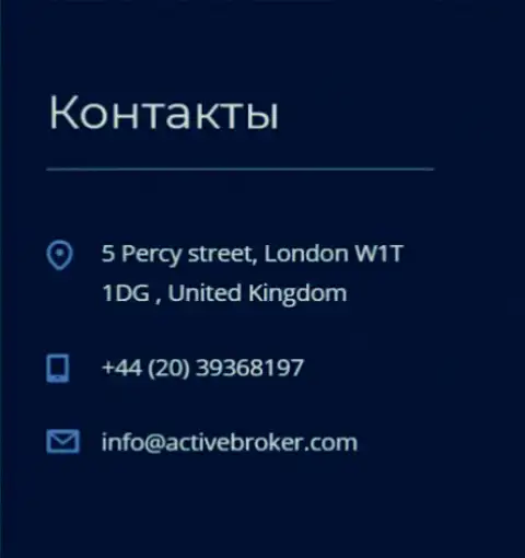 Адрес центрального офиса forex дилинговой конторы АктивБрокер, опубликованный на официальном портале этого Форекс ДЦ